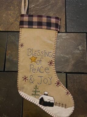 Embroidered Felt Holiday Stocking with Plaid Cuff- great used condition